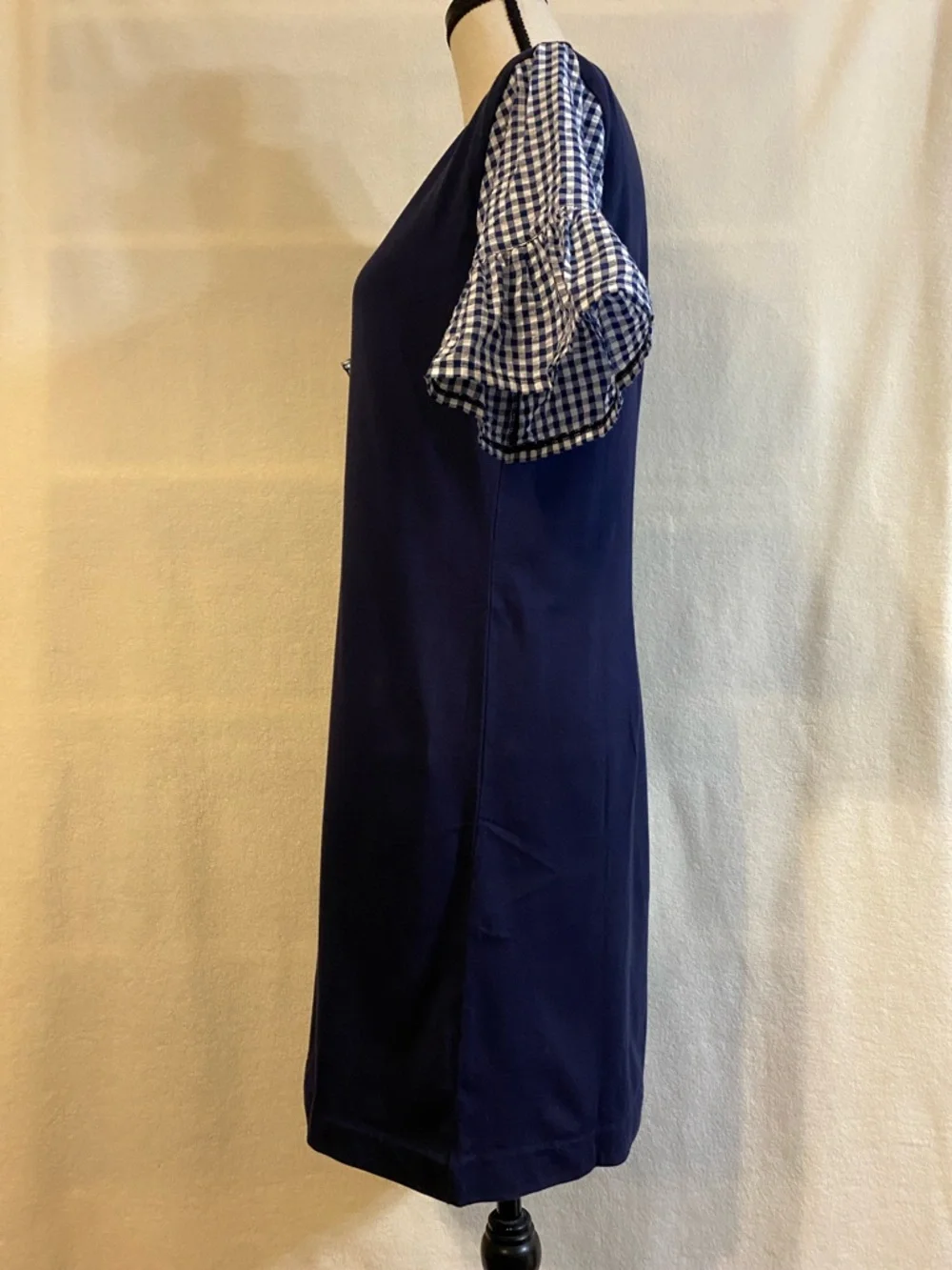 J. Crew navy blue & white gingham check bell sleeve dress